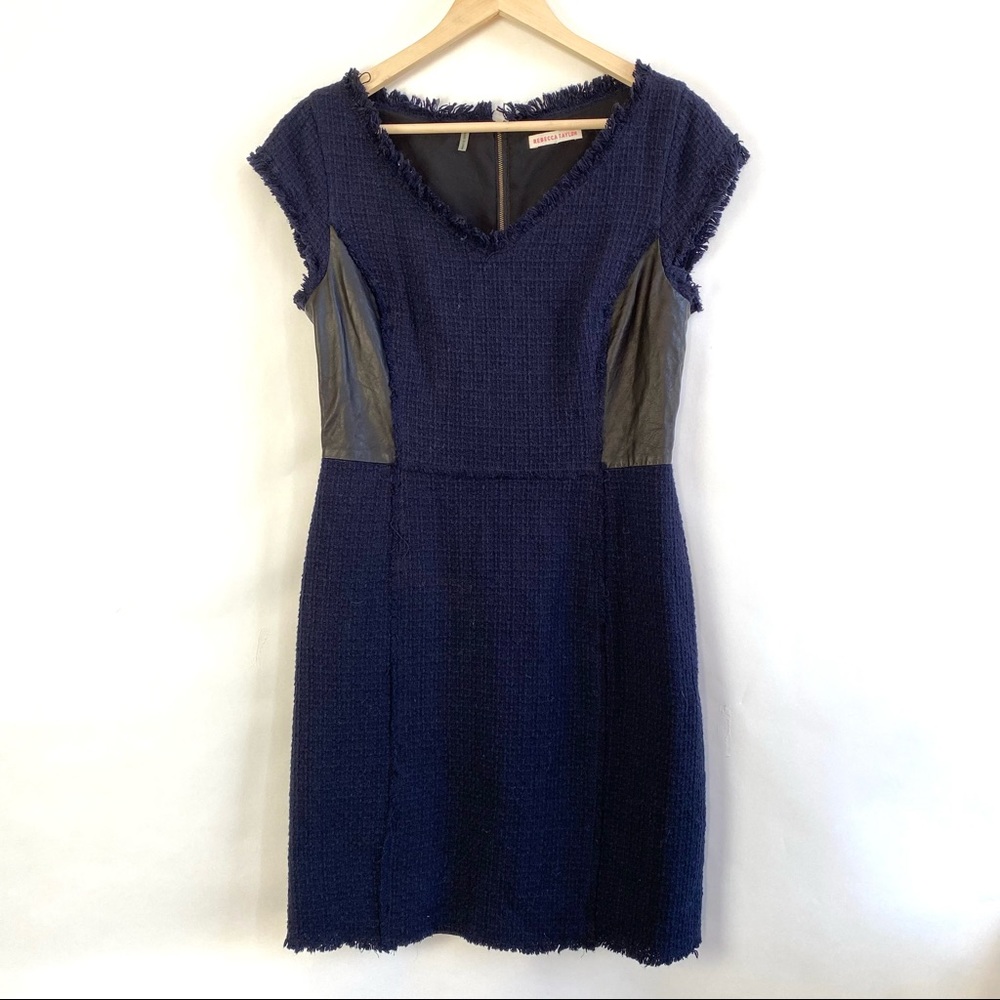 Rebecca Taylor Navy Blue Tweed Faux Leather V-neck Lined Midi Dress Casual